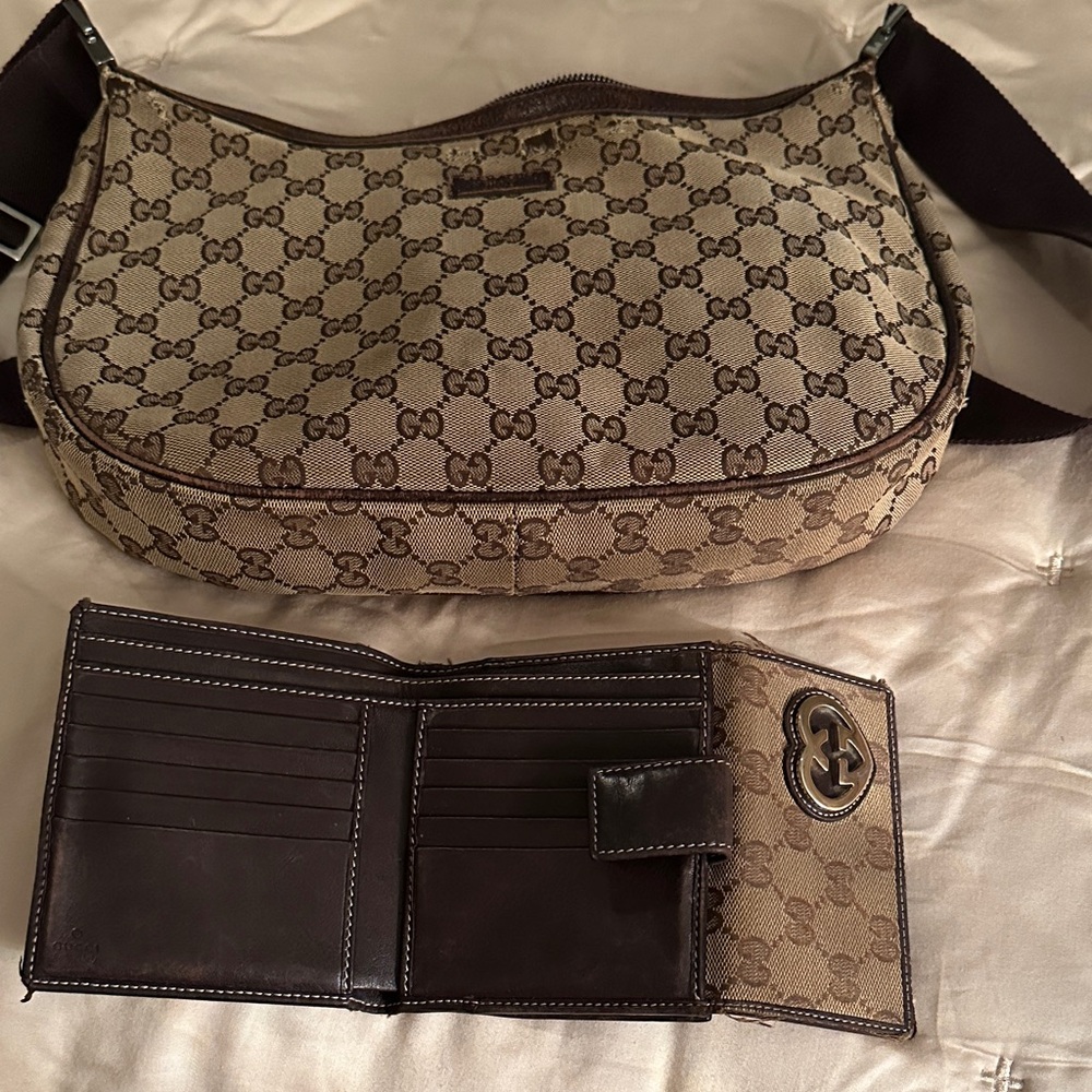 Gucci Beige and Brown Monogram Bag with Wallet